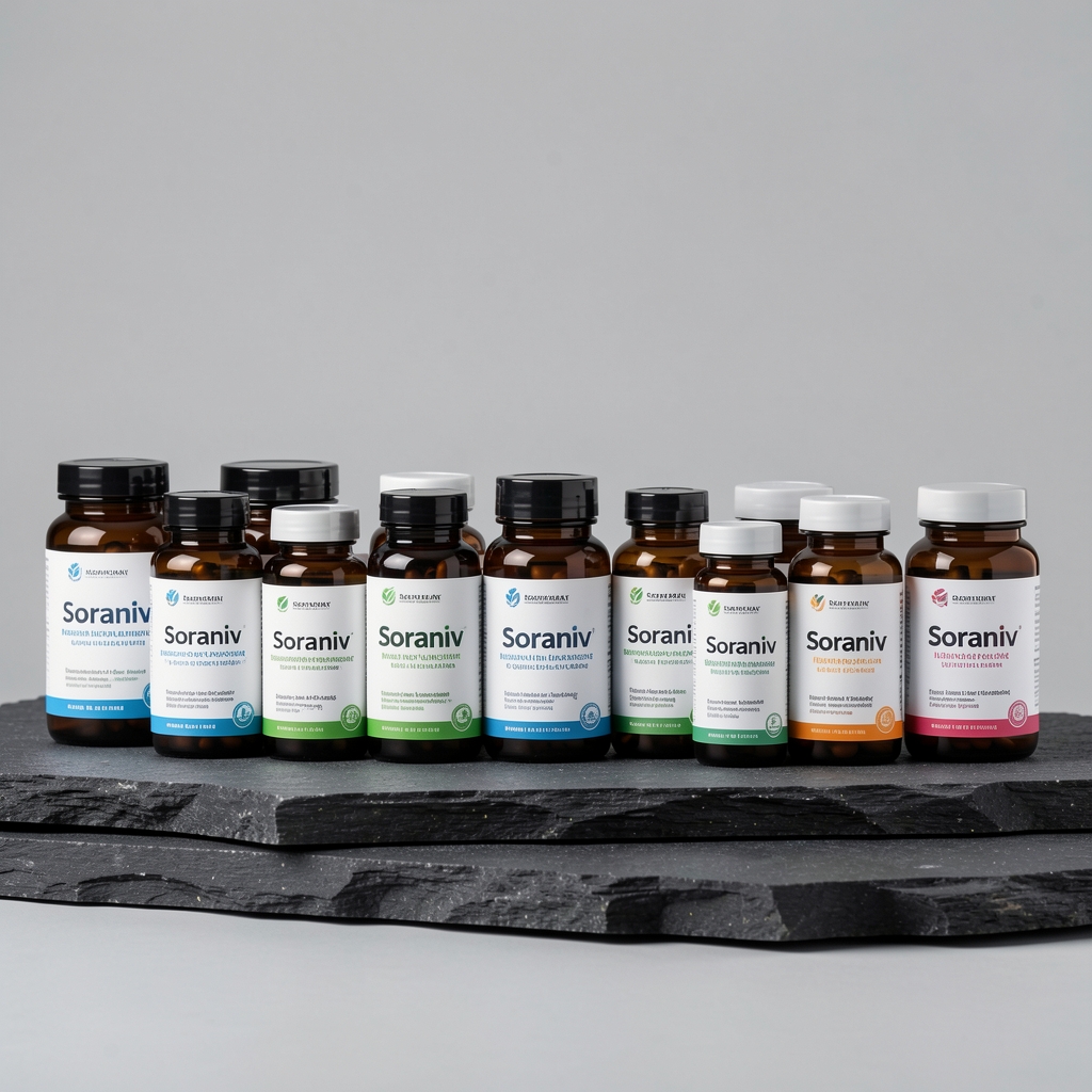 Wide editorial photograph of Soraniv nutritional supplement range arranged on a dark stone surface, bottles and jars aligned in a grid composition under controlled studio lighting