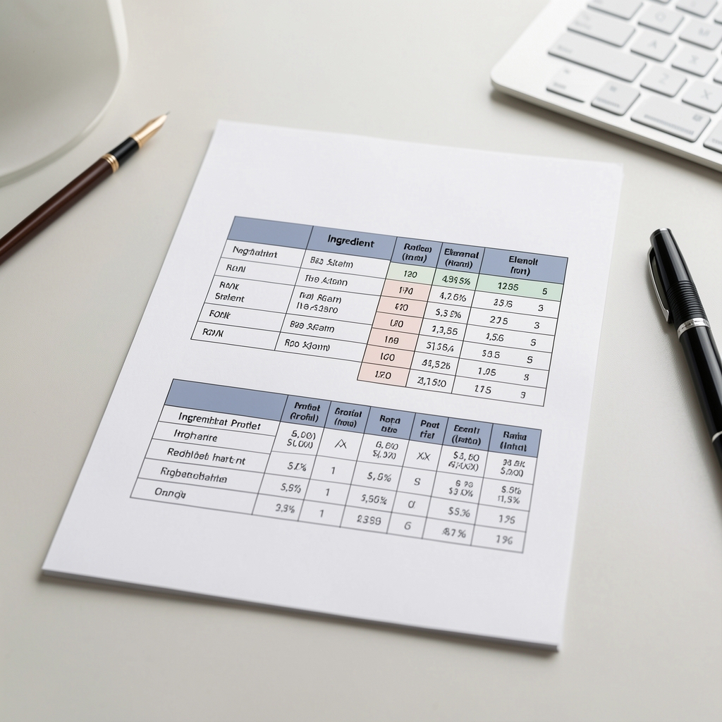 Composition brief document with ingredient ratio tables and elemental profile data laid out on a clean workspace