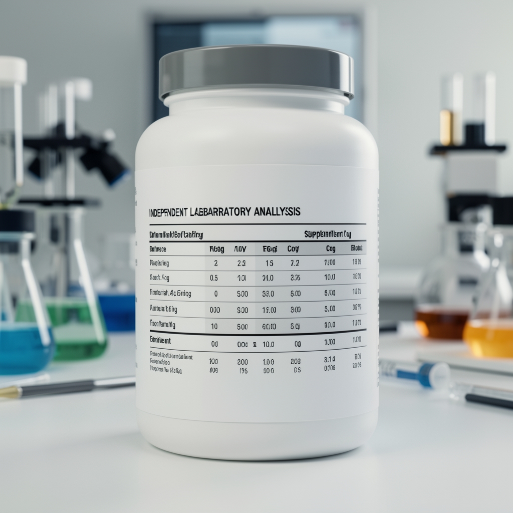 Independent laboratory analysis report showing elemental concentration data for a supplement batch in a quality-control environment