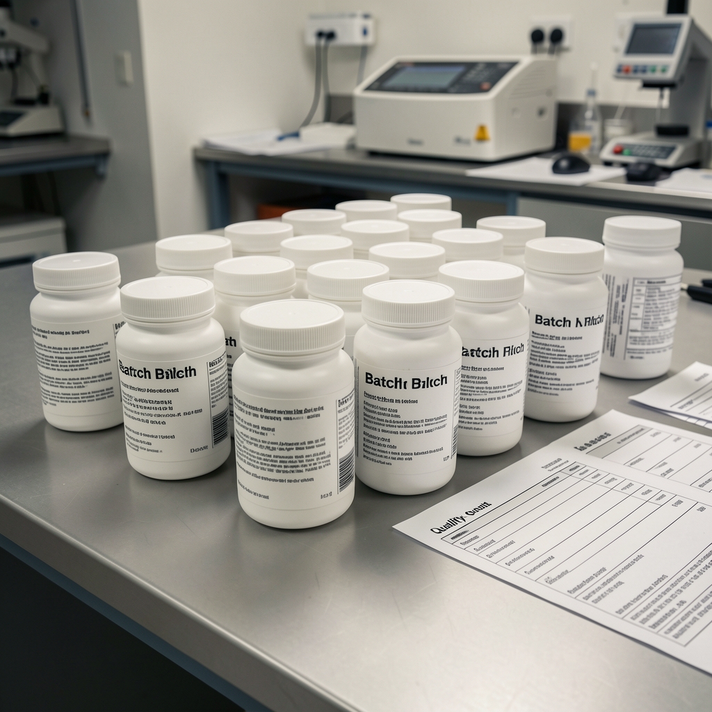 Batch-coded supplement containers arranged systematically on a quality-control bench with lot record slips visible beside each container