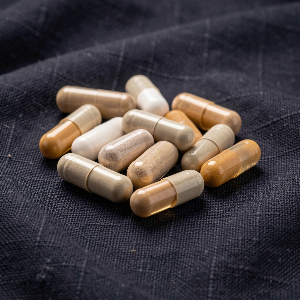 Close-up of energy and endurance capsule blend arranged on a dark linen surface under controlled studio lighting