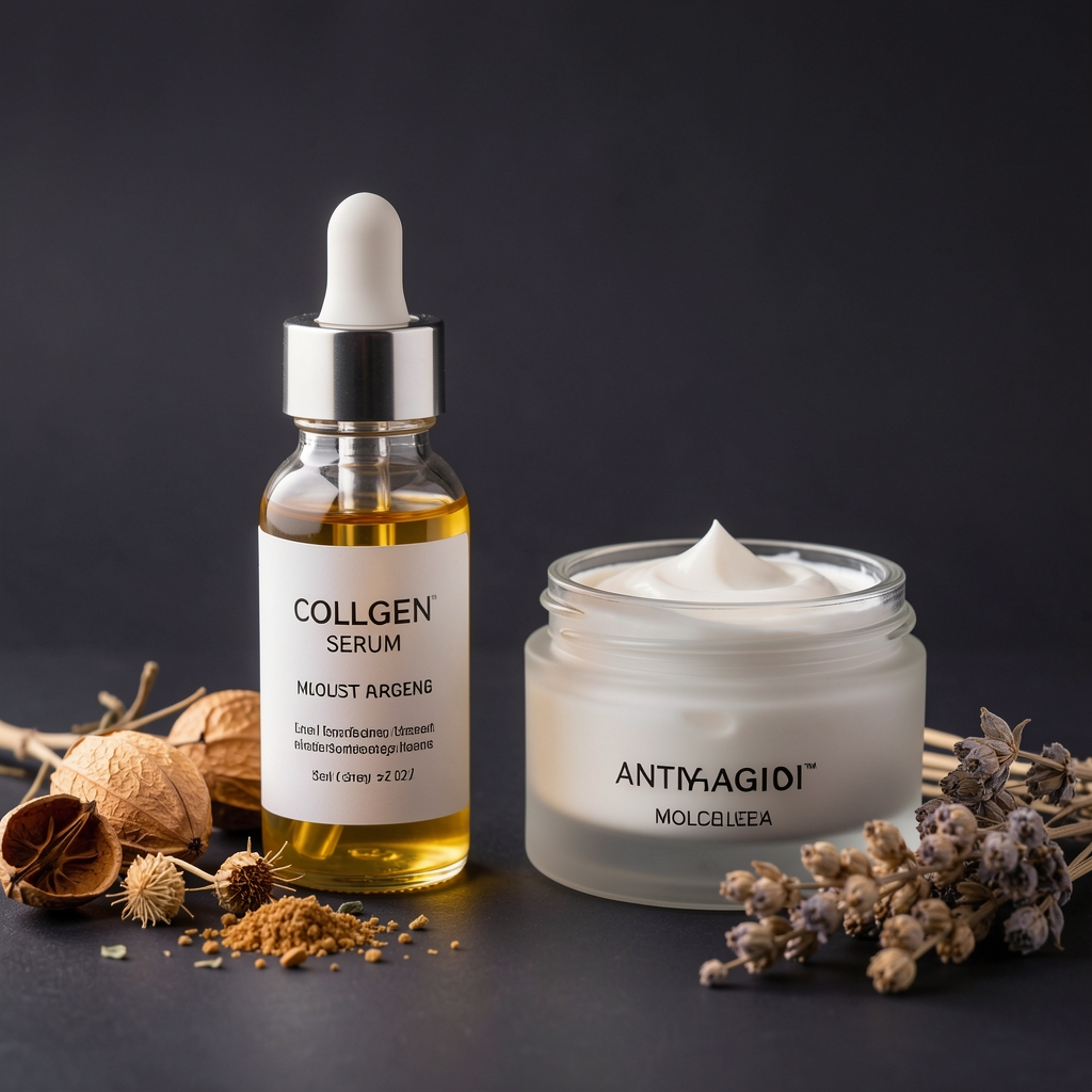 Anti-aging skincare product lineup with collagen serum and moisturising cream on a dark background with botanical dried herbs nearby