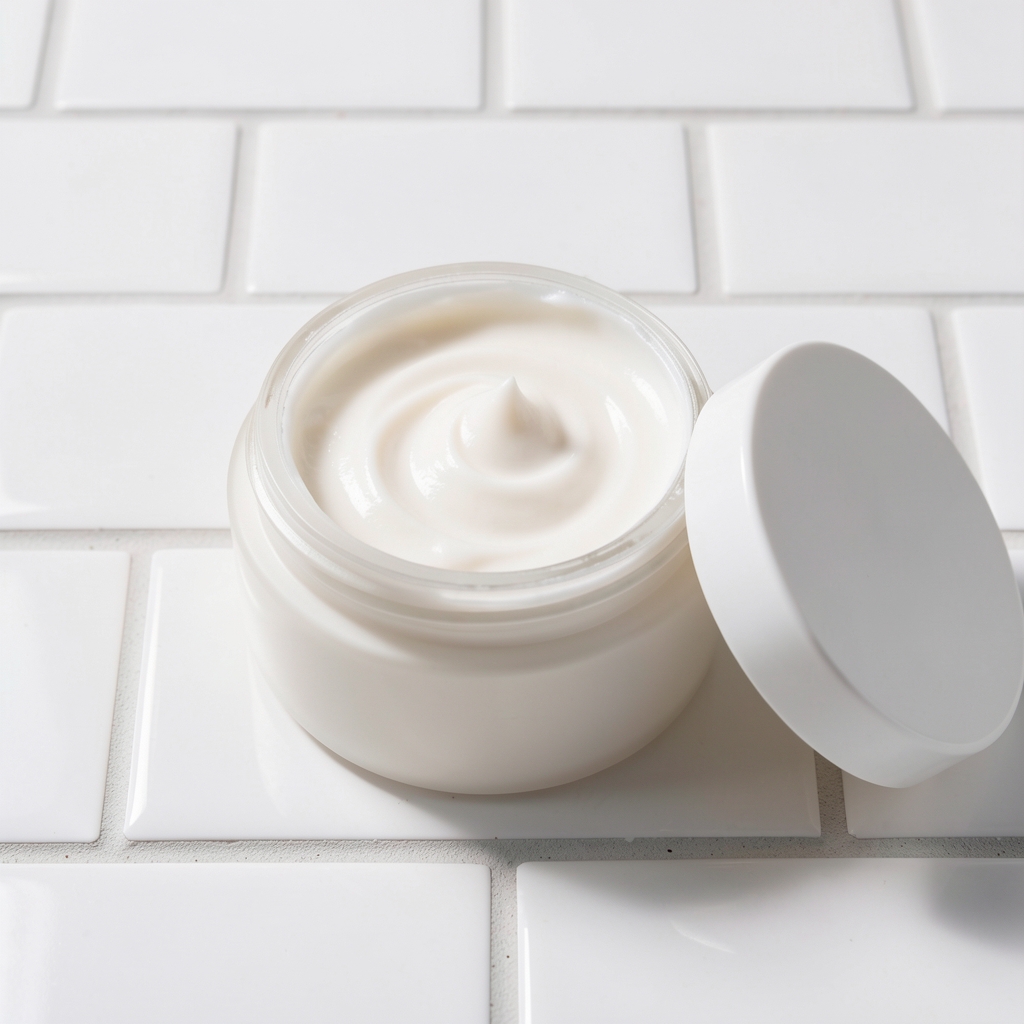 Hydrating moisturising face cream jar open on a white ceramic tile surface under bright studio lighting showing rich cream texture