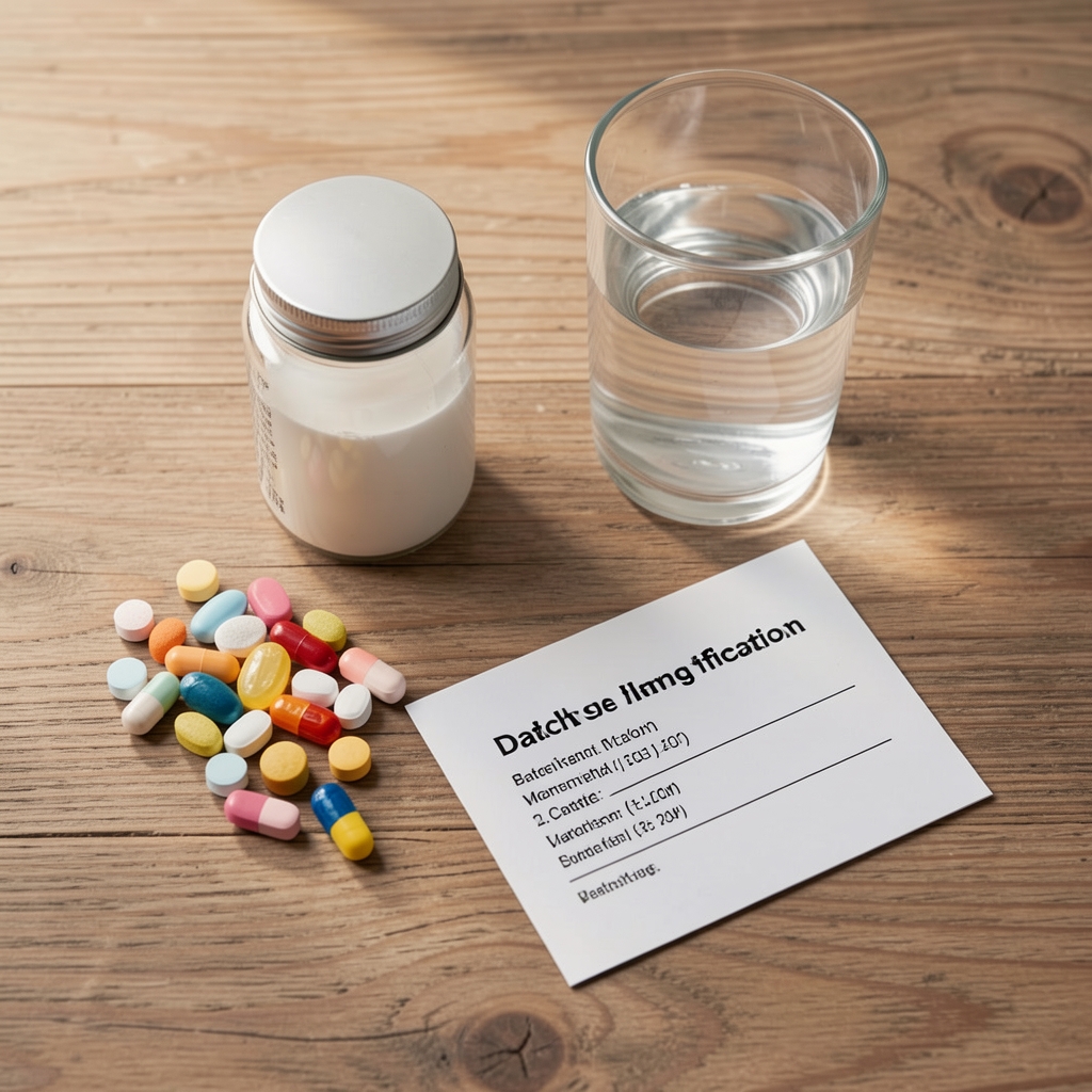Daily supplement routine flat lay showing morning vitamins, water glass, and a folded batch verification card on a wooden surface