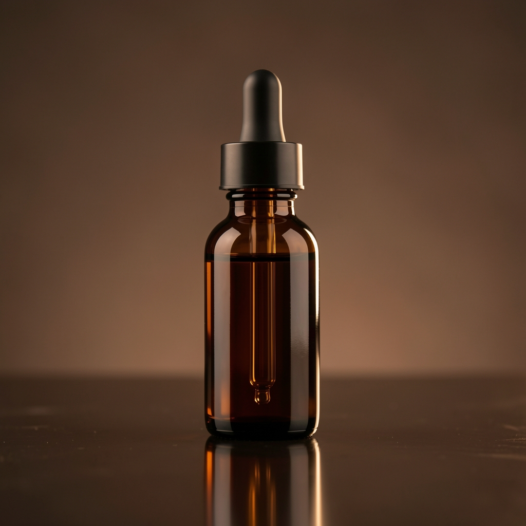 Beauty and youth skincare serum in a dark glass dropper bottle on a polished dark surface under warm studio lighting